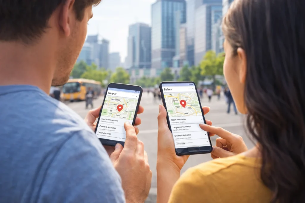 People using mobile phones to search for local information in a growing city