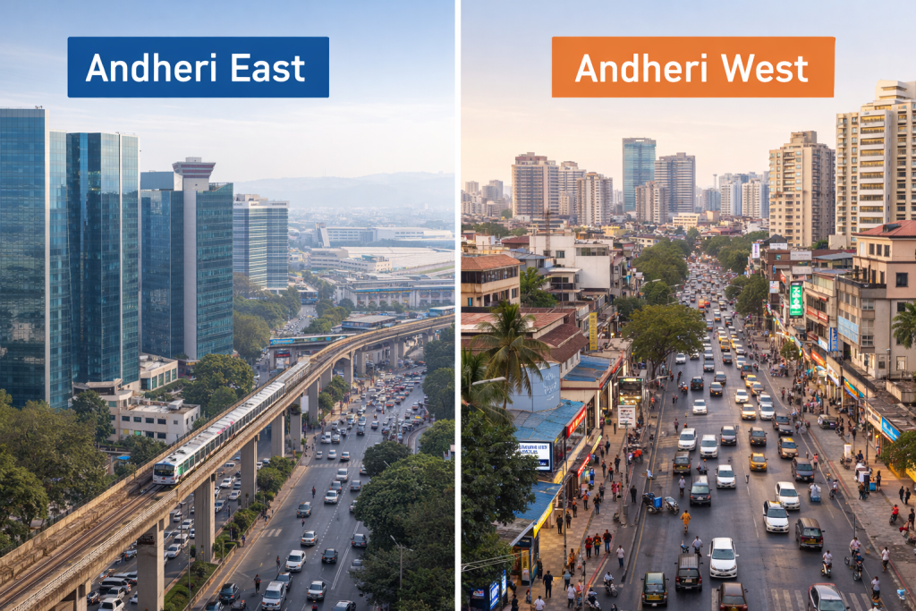View of Andheri East and Andheri West areas in Mumbai showing different city environments